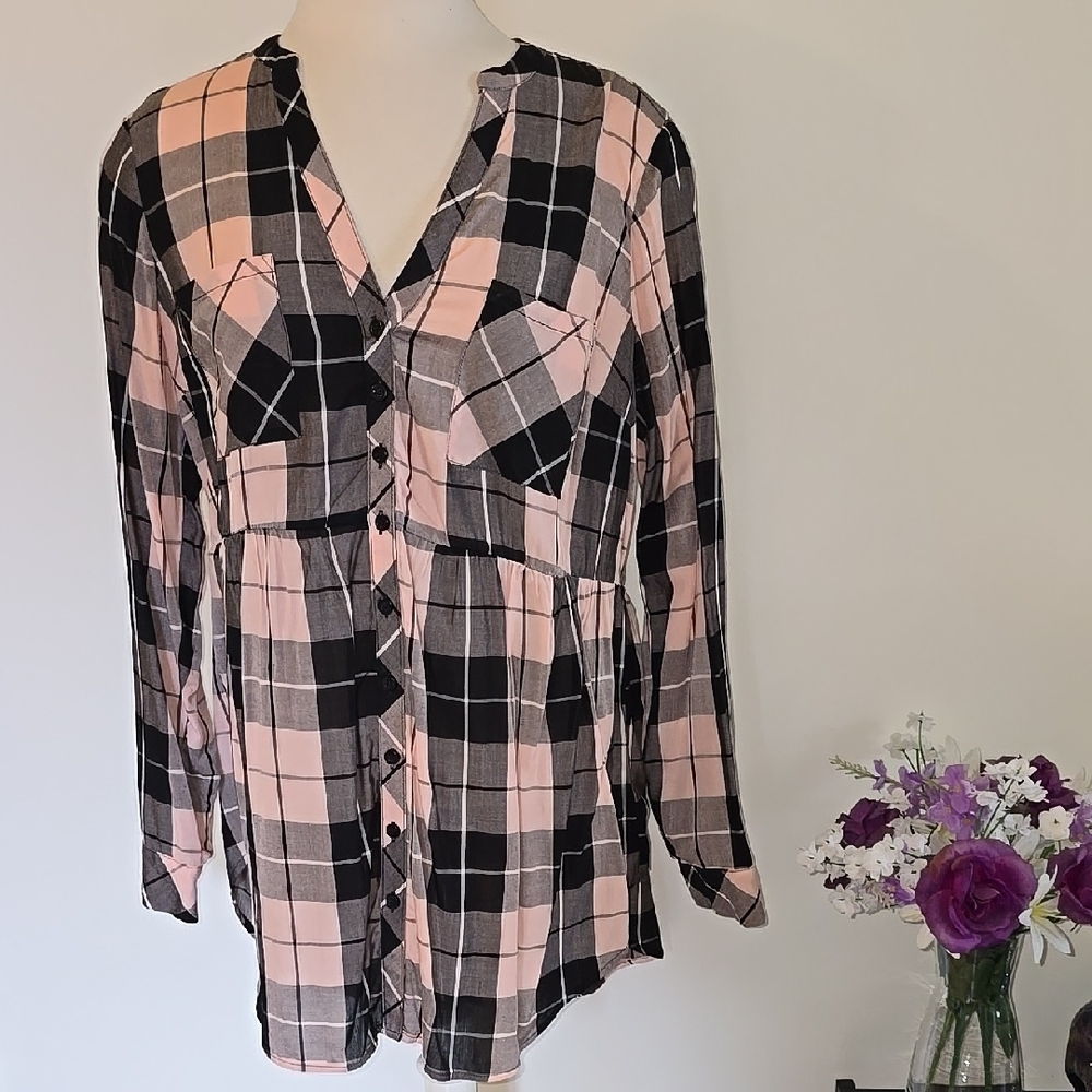 torrid Pink and Black Plaid Button Down Shirt